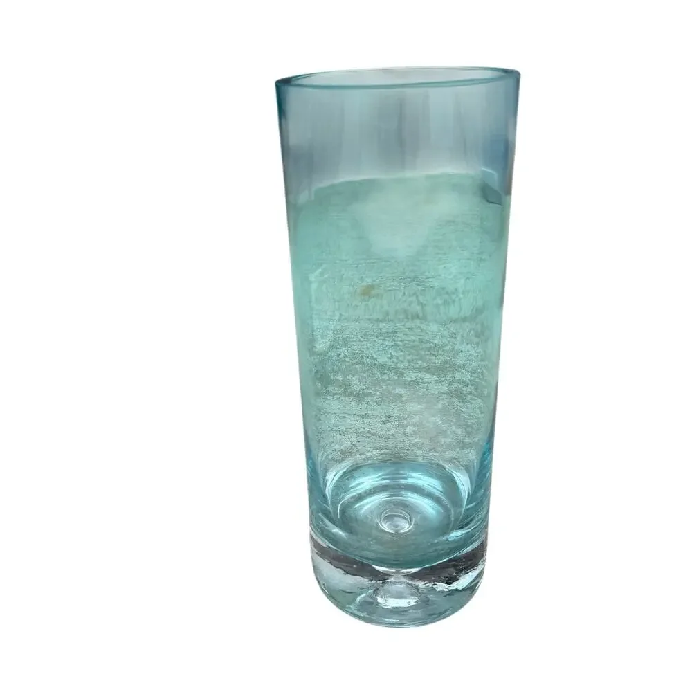 Vintage Krosno Style Aqua Blue Green Glass Blown Vase Bubble Base 10” Tall